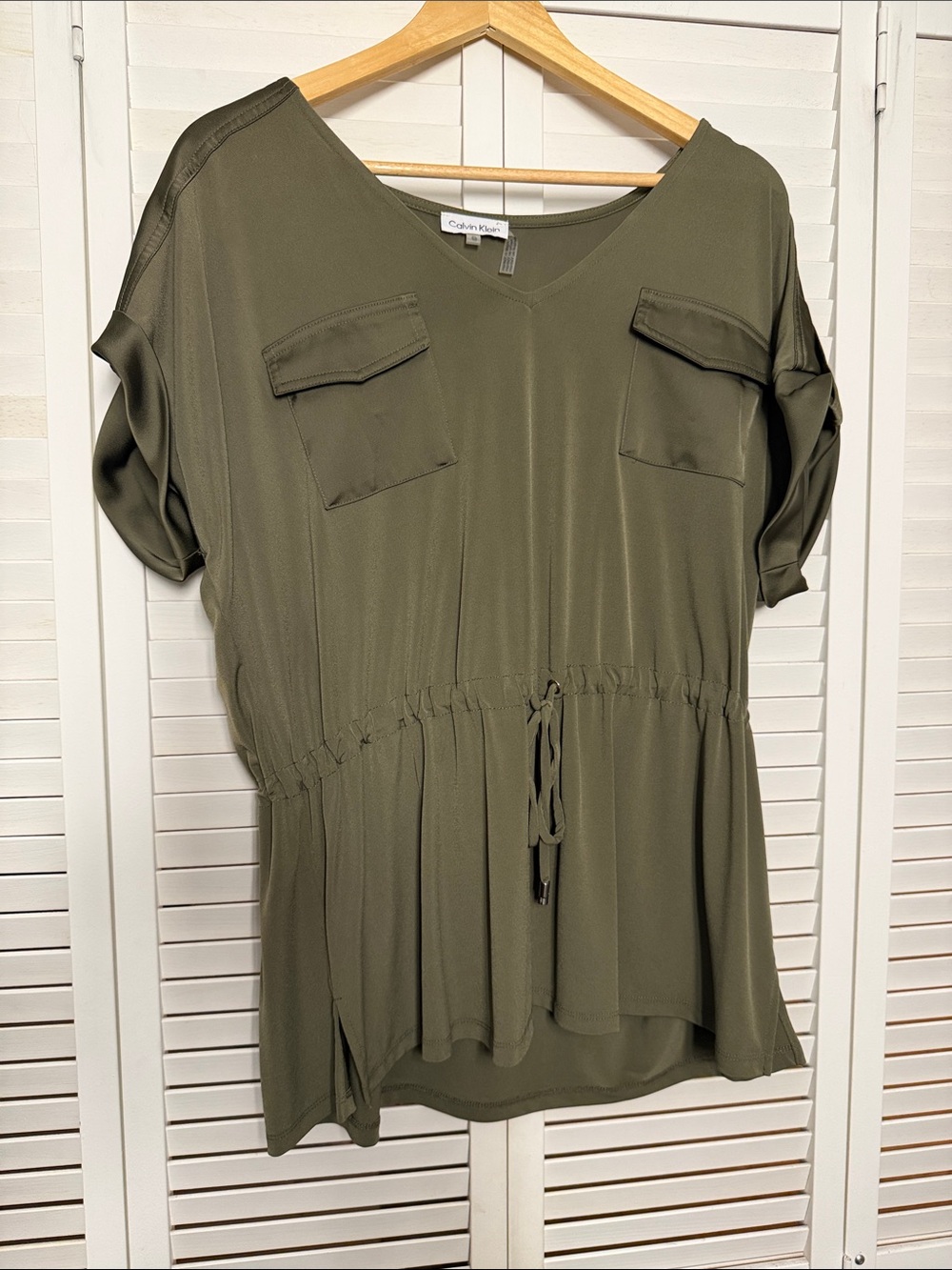 Calvin Klein Olive Drawstring V-Neck Top